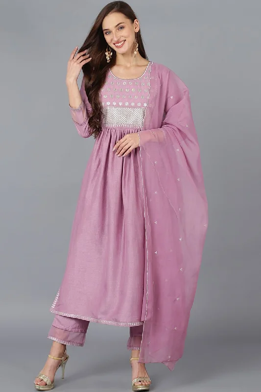 Ahika Lavender Silk Blend Solid Straight Kurta Trousers With Dupatta Trousers Solid Black