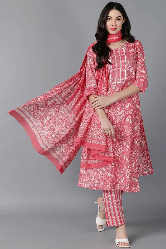 Ahika Pink Cotton Printed Kurta Trouser With Dupatta Trousers Versatile Stylish