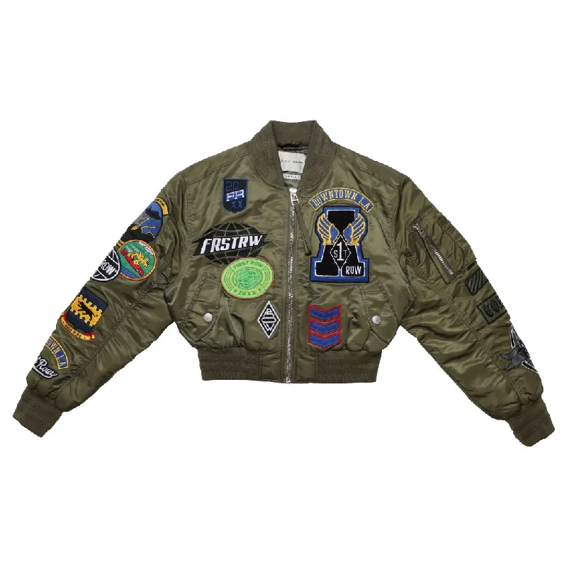 First Row Coexist Multi Patches " Olive Women's Jacket" Zippered Front Buttoned Front Snap Front First Row Coexist Multi Patches " Olive Women's Jacket" Zippered Front Buttoned Front Snap Front