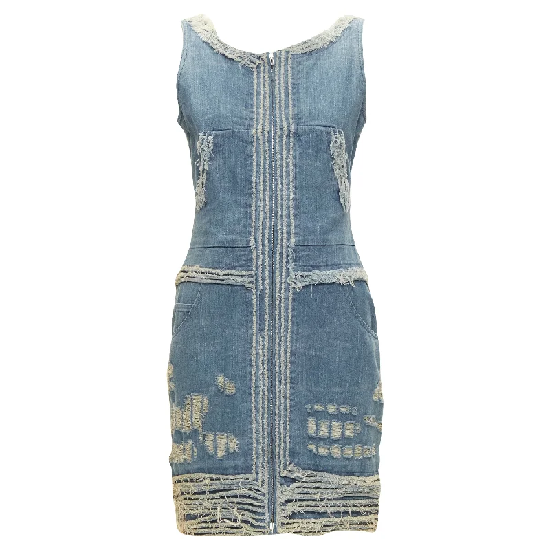 Chanel Caroel distressed denim pocketed zip dress
