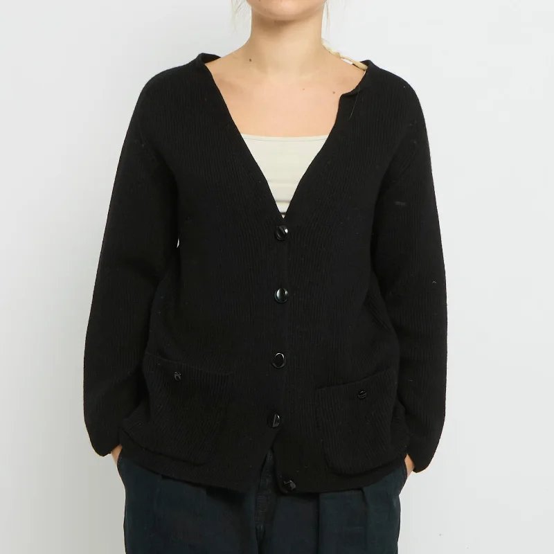 Wool Heavy Knit Ribbed Cardigan- UK 12 Mesh Blend Leather Blend Suede Blend