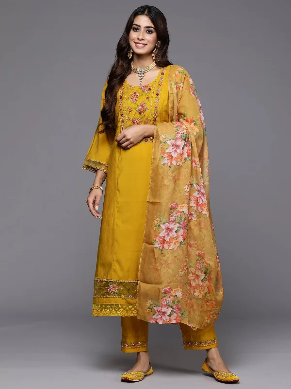 Women Yellow Embroidered A-Line Kurta Trousers With Dupatta Set - Taantav Trousers Cargo Utility