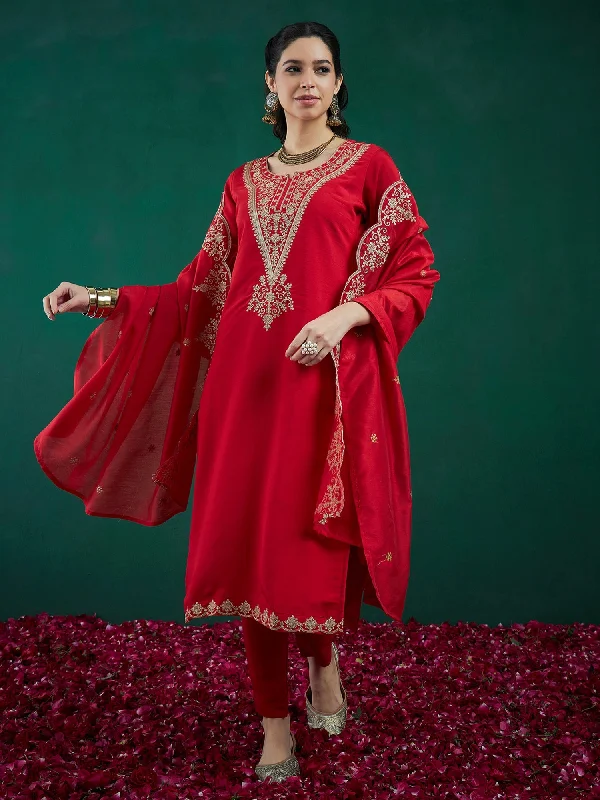 Women Red Embroidered Straight Kurta Trousers With Dupatta Set - Taantav Trousers Bestseller Popular