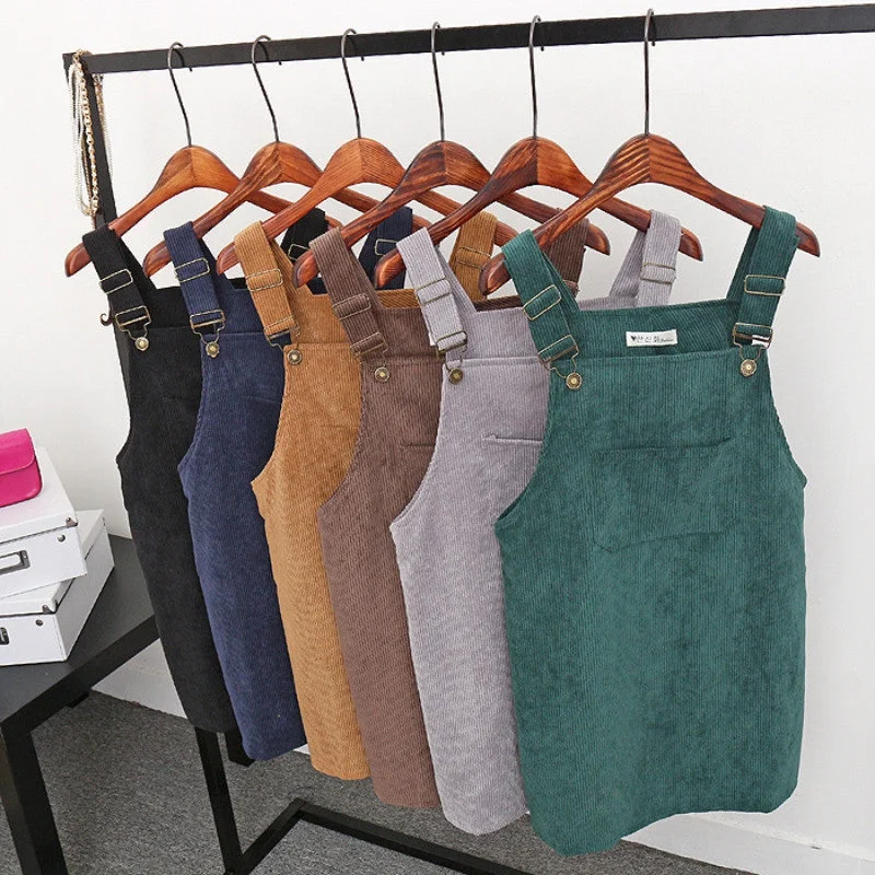 College Wind Restoring Ancient Ways Corduroy Suspenders Big Pocket Straight Vest Dress