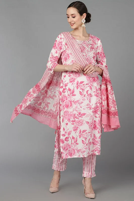 Ahika Pink Pure Cotton Floral Straight Kurta Trousers With Dupatta Trousers Timeless Classic