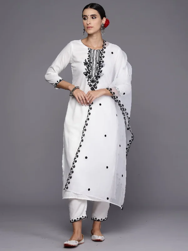 Women White Embroidered Straight Kurta Trousers With Dupatta Set - Taantav Trousers Gym Athletic