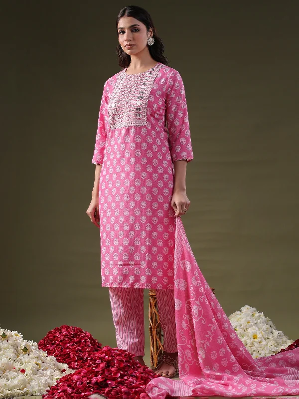 Women Pink Printed Straight Kurta Trousers With Dupatta Set - Taantav Trousers sophisticated sleek