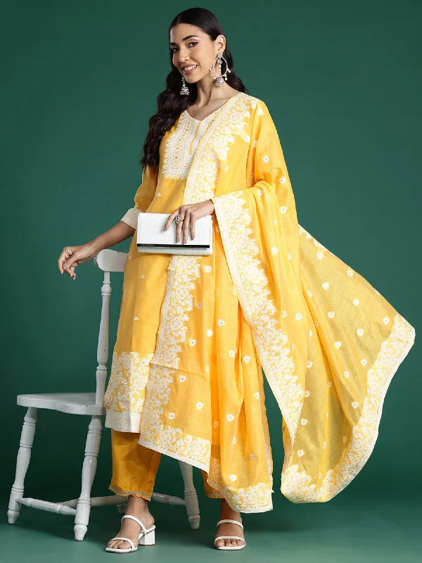 Women Yellow Woven Design Straight Kurta Trousers With Dupatta Set - Taantav Trousers Plaid Checkered