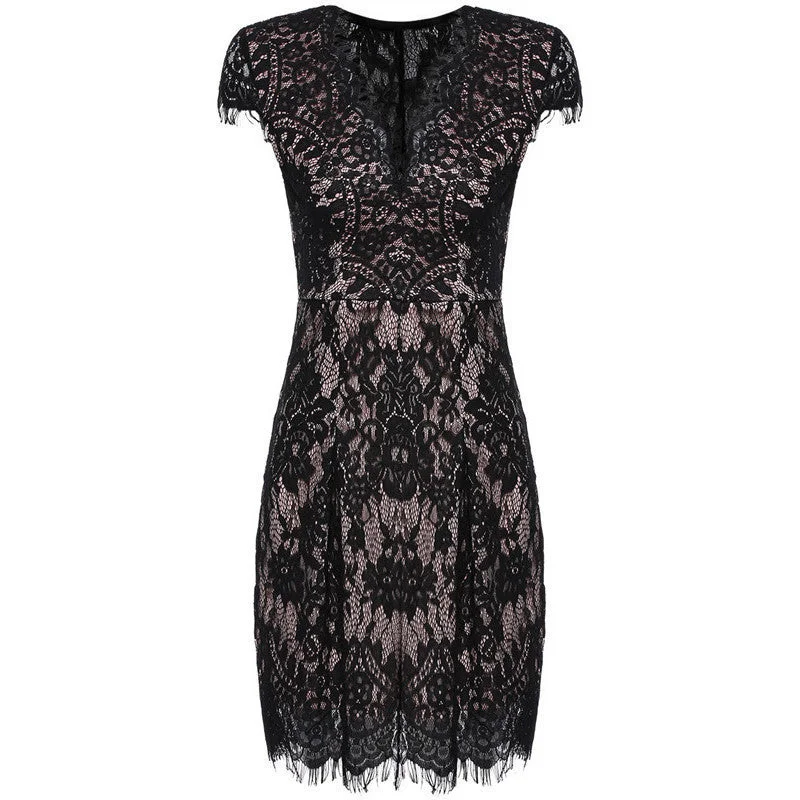 Black Bodycon Vestidos Summer Dresses Girls Cap Sleeve Deep V Neck Elegant Women Above Knee Lace Dress