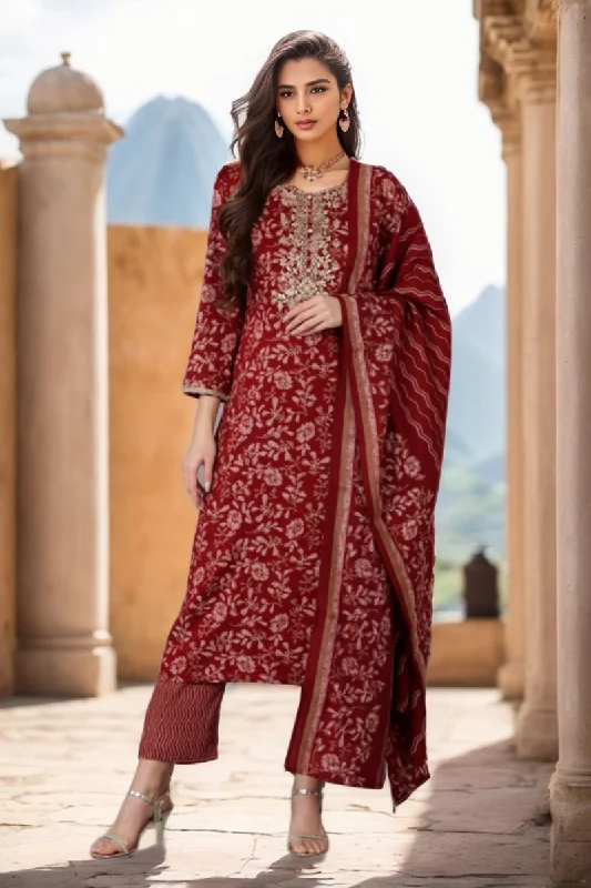 Ahika Maroon Silk Blend Floral Straight Kurta Trousers With Dupatta Trousers Harem Relaxed Fit