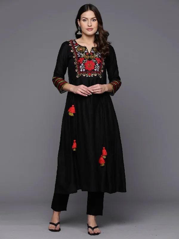 Women Black Embroidered A-Line Kurta Trousers Set - Taantav Trousers Top Rated