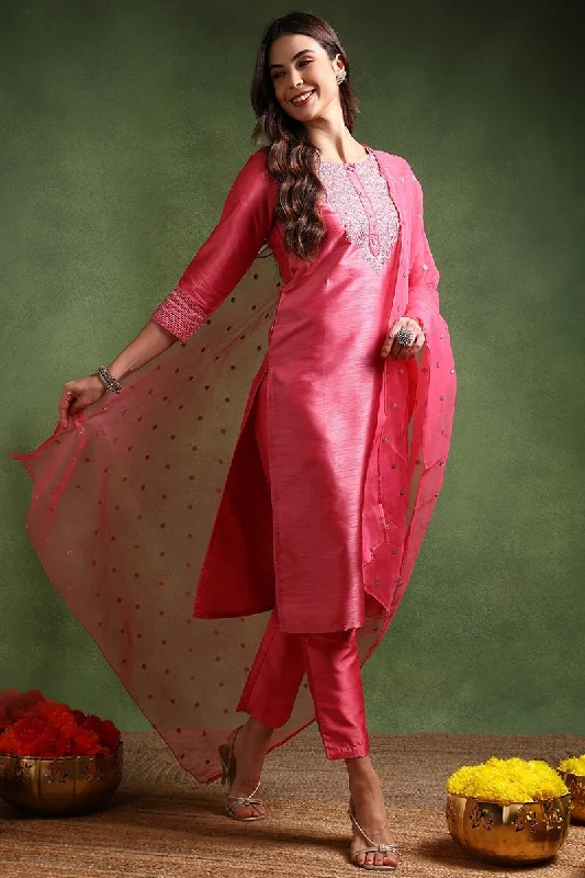 Ahika Pink Poly Silk Solid Yoke Design Kurta Trousers With Dupatta Trousers Silk Elegant