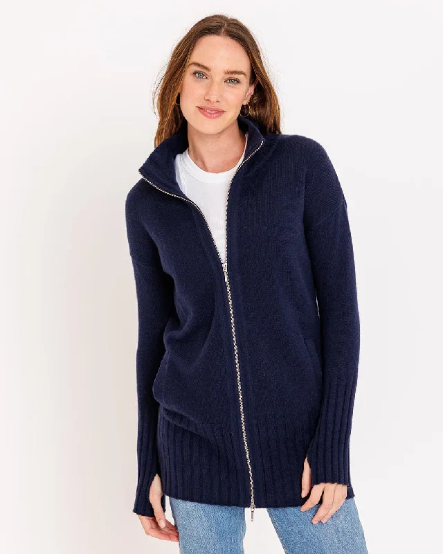 Womans Cashmere Zippered Cardigan Sweater in Navy - order size down, runs large Spandex Rayon Corduroy