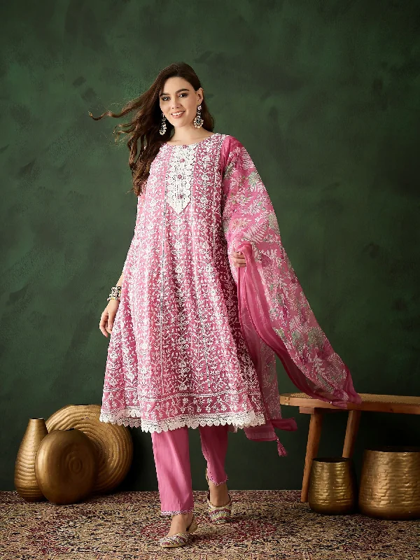 Pink Crystal Organza schiffli embroidery Kurta With Trouser & Dupatta - Bhumi Trousers Evening Elegant