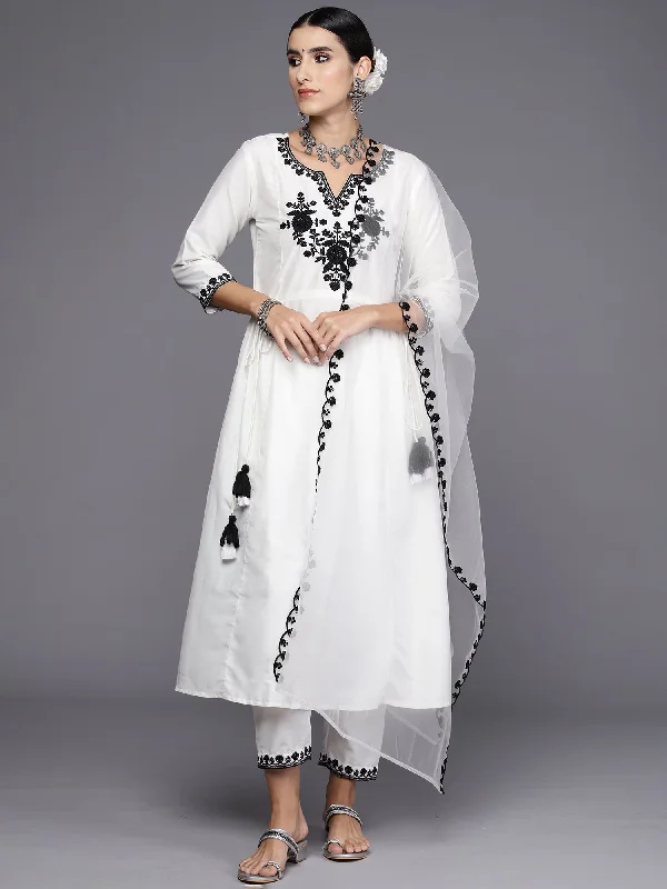 Women White Embroidered A-Line Kurta Trousers With Dupatta Set - Taantav Trousers Hiking Durable