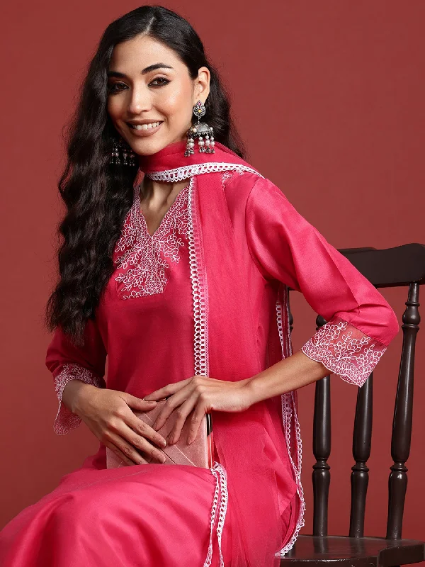 Women Pink Embroidered Straight Kurta Trousers With Dupatta Set - Taantav Trousers Brand Named