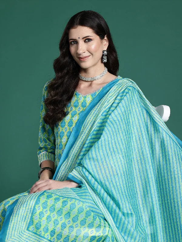 Women Green Printed Straight Kurta Trousers With Dupatta Set - Taantav Trousers Polka Dot Cute