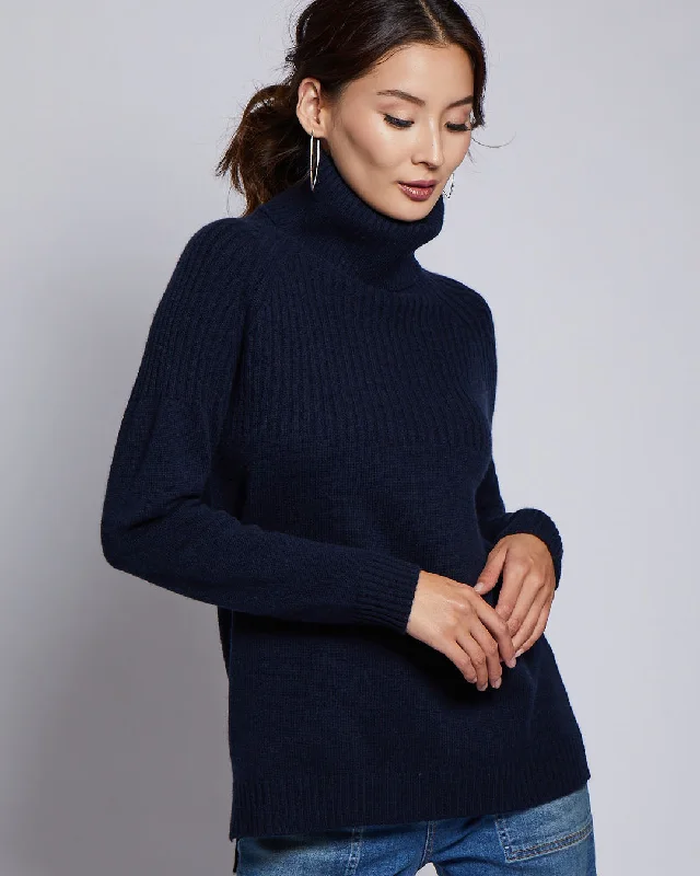 Womans Half Ribbed Cashmere Blend Turtleneck Sweater in Navy - order size down, runs large Graphic Sweater Embroidered Appliqued