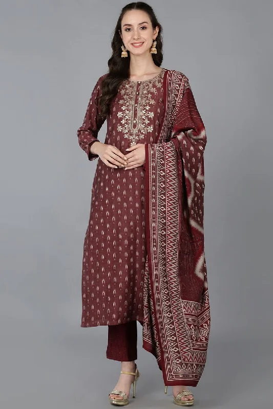 Ahika Maroon Silk Blend Geometric Straight Kurta Trousers With Dupatta Trousers sophisticated sleek