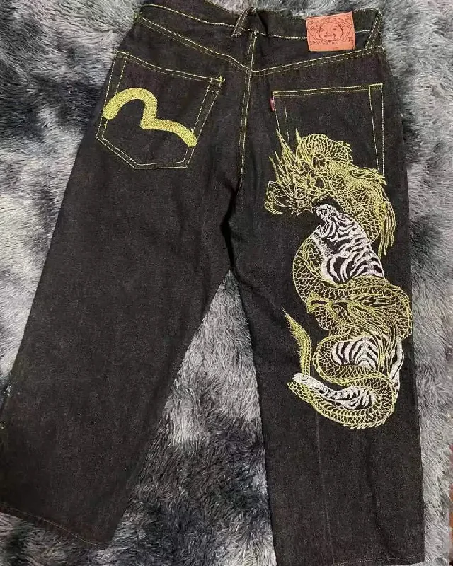 Advbridge 90s Streetwear Y2k Baggy Jeans Harajuku Hip Hop Dragon Pattern Retro Black Oversized Baggy Jeans Men Women New Gothic Wide Trousers Streetwear Trousers Running Lightweight
