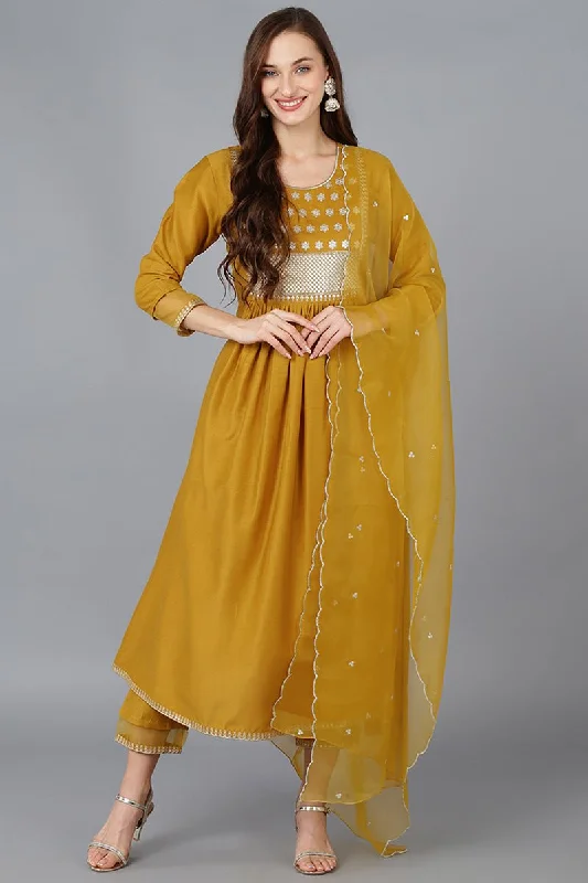 Ahika Mustard Silk Blend Solid A-Line Kurta Trousers With Dupatta Trousers Palazzo Wide Leg