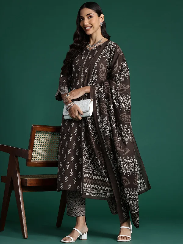 Women Brown Printed Straight Kurta Trousers With Dupatta Set - Taantav Trousers Timeless Classic