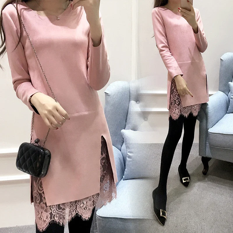 Autumn Winter Slim Vestidos Long-sleeved Lace Dress Suede Pink Dress Women Round Neck Dresses Sweet Pocket Plus Size S-2XL