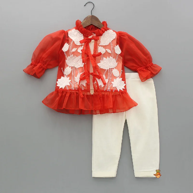 Pre Order: Off White Top With Front Tie Up Knot Applique Embroidered Jacket And Pant Striped Jacket Polka Dot Jacket Floral Jacket Pre Order: Off White Top With Front Tie Up Knot Applique Embroidered Jacket And Pant Striped Jacket Polka Dot Jacket Floral Jacket