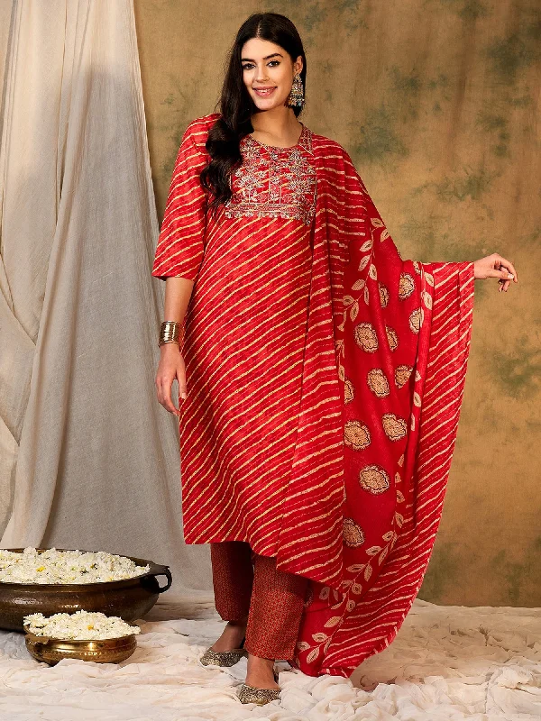 Women Red Printed Straight Kurta Trousers With Dupatta Set - Taantav Trousers stylish modern