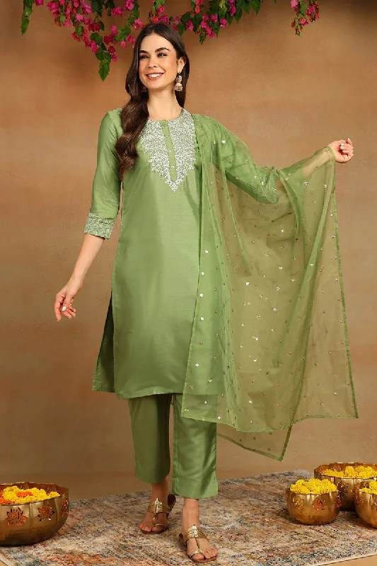 Ahika Green Poly Silk Solid Yoke Design Kurta Trousers With Dupatta Trousers Denim Distressed