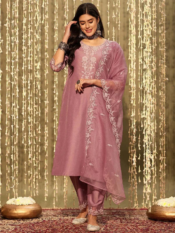 Women Mauve Embroidered Straight Kurta Trousers With Dupatta Set - Taantav Trousers Mesh Breathable