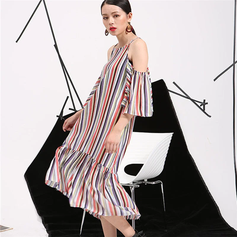Korean temperament loose short-sleeved striped strapless flounced harness dress AS11699