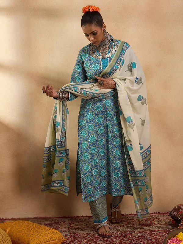 Women Blue Printed Straight Kurta Trousers With Dupatta Set - Taantav Trousers Pleated Formal