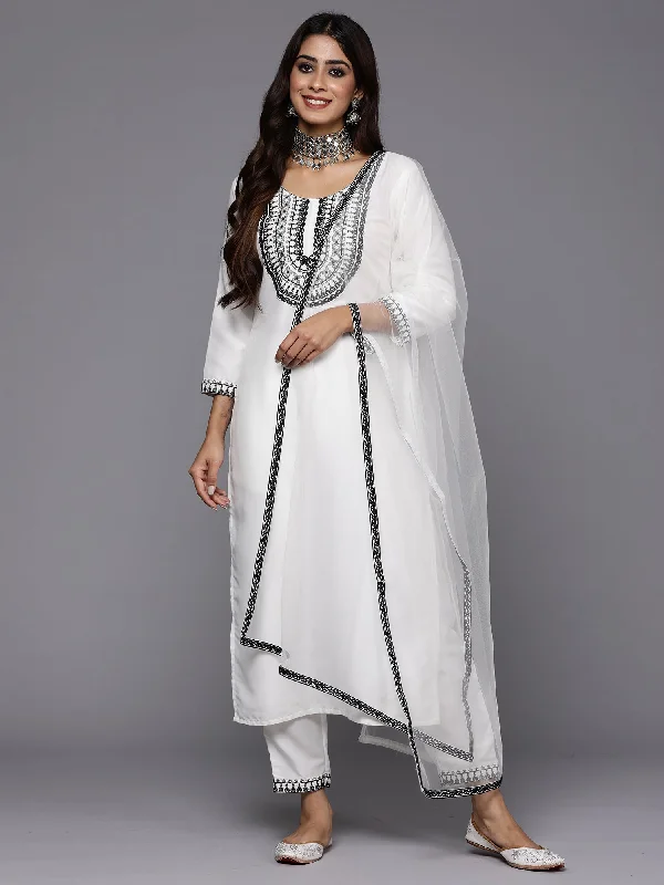 Women White Embroidered Straight Kurta Trousers With Dupatta Set - Taantav Trousers Leisure Comfortable