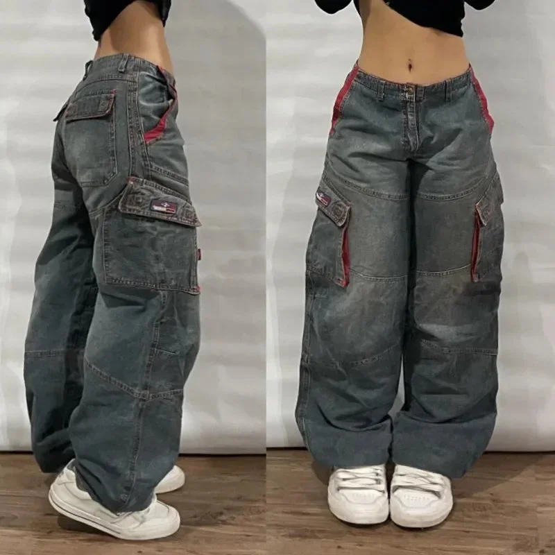Advbridge 90s Streetwear Y2K Baggy Jeans Womens New Multi-pocket Washed Vintage Jeans Harajuku Oversized Denim Pants High Waist Wide Leg Pants Trousers Trousers Hiking Durable