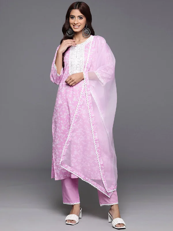 Women Lavender Printed Straight Kurta Trousers With Dupatta Set - Taantav Trousers trendy modern