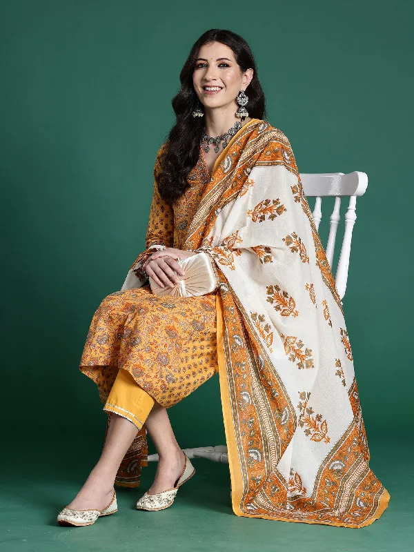 Women Yellow Printed A-Line Kurta Trousers With Dupatta Set - Taantav High Waist Slim Fit Ankle Length