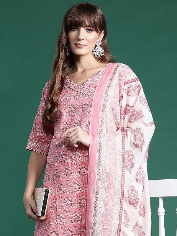 Women Pink Printed A-Line Kurta Trousers With Dupatta Set - Taantav Trousers Fall Fleece