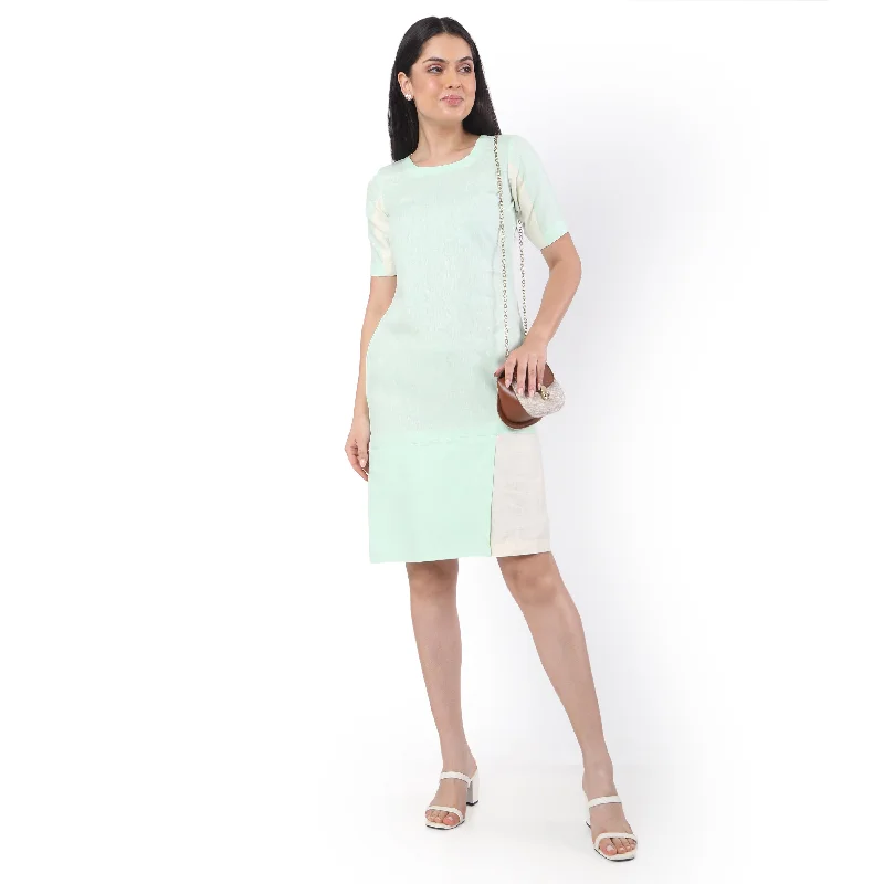 Contrast Half Sleeves Hemp Shift Dress