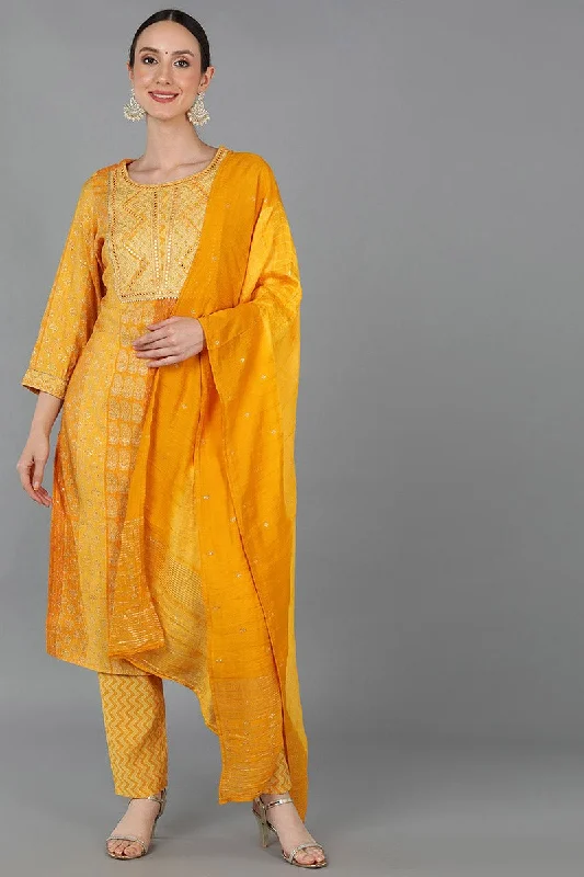 Ahika Mustard Silk Blend Ethnic Motifs Straight Kurta Trousers With Dupatta Trousers fashionable trendy