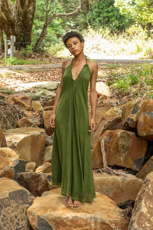 SELENA Long Dress Goddess Sage Green Maxi Open Back Cotton Festival Boho Naturally Dyed Block Printed Tribal Hippie Patterns Earthy AJJAYA SELENA Long Dress Goddess Sage Green Maxi Open Back Cotton Festival Boho Naturally Dyed Block Printed Tribal Hippie Patterns Earthy AJJAYA