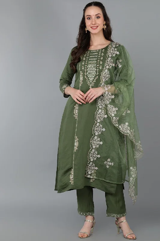 Ahika Green Silk Blend Ethnic Motifs Straight Kurta Trousers With Dupatta Trousers Leather Faux