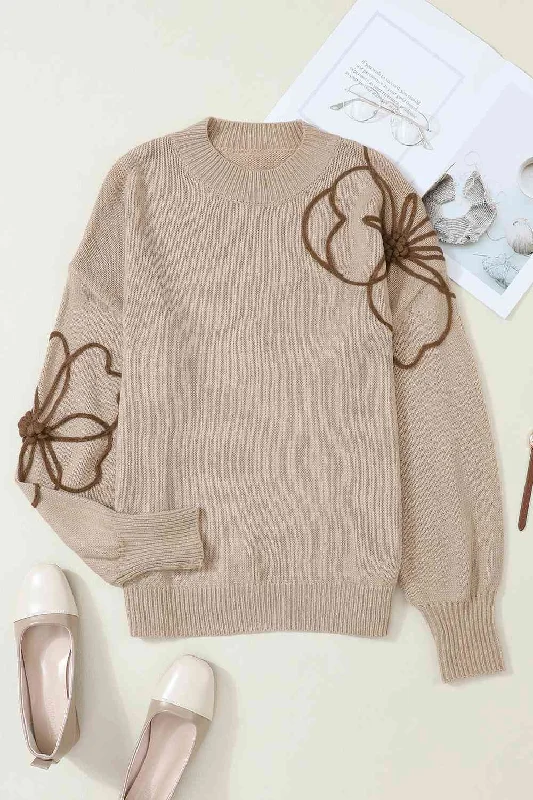 Floral Round Neck Drop Shoulder Sweater Sweater Knitwear Pullover