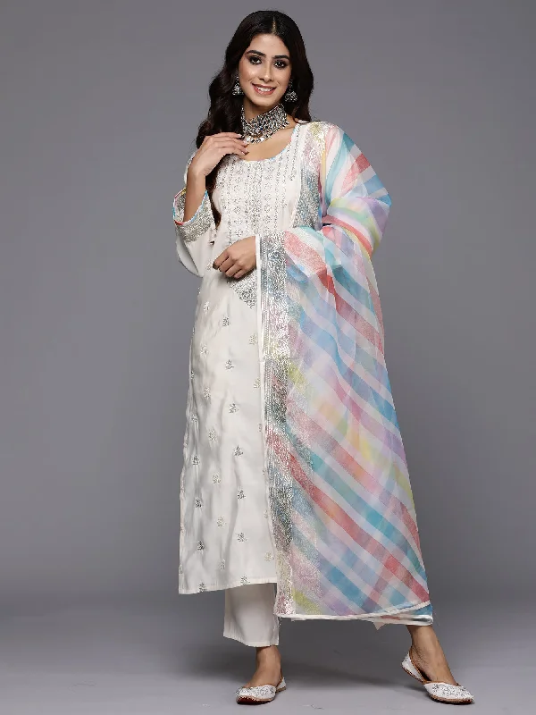 Women Cream Embroidered Straight Kurta Trousers With Dupatta Set - Taantav Trousers Culottes Wide Leg