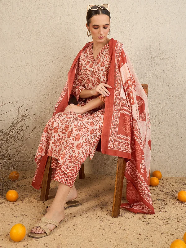 Women Rust Printed Straight Kurta Trousers With Dupatta Set - Taantav Trousers Polka Dot Cute