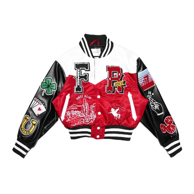 First Row Get Lucky "Red Women's Varsity Jacket" Welt Pockets Slit Pockets Flap Pockets First Row Get Lucky "Red Women's Varsity Jacket" Welt Pockets Slit Pockets Flap Pockets