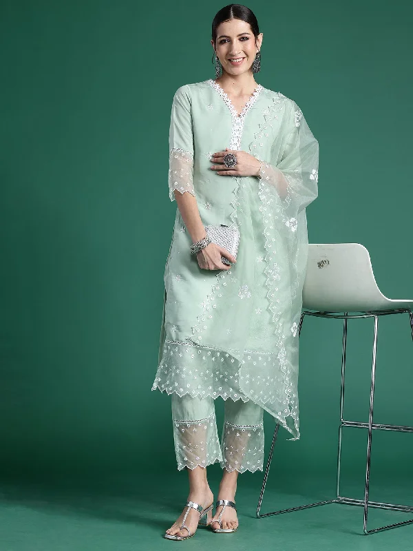 Women Sea Green Embroidered Straight Kurta Trousers With Dupatta Set - Taantav High Waist Slim Fit Ankle Length