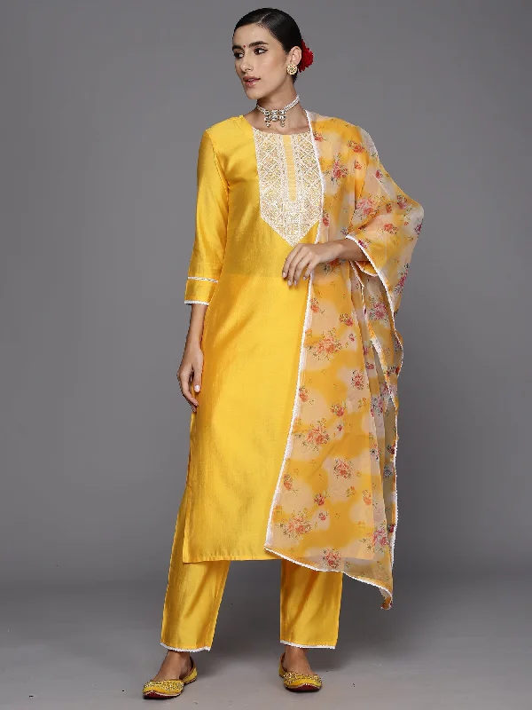 Women Yellow Embroidered Straight Kurta Trousers With Dupatta Set - Taantav Trousers Occasion Special