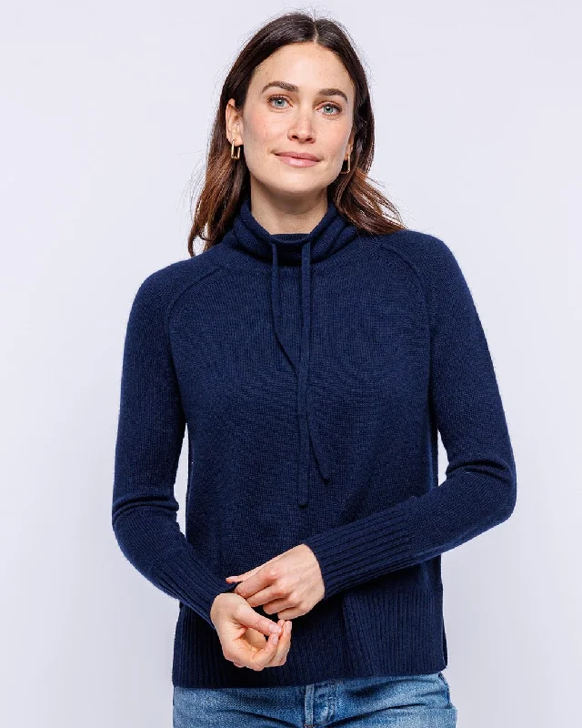 Womans Cashmere Drawstring Funnel Sweater in Navy - order size down, runs large Seamless Knitted Crochet