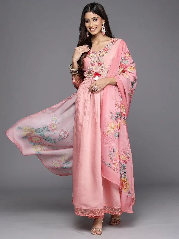 Women Pink Embroidered A-Line Kurta Trousers With Dupatta Set - Taantav Trousers Versatile Stylish